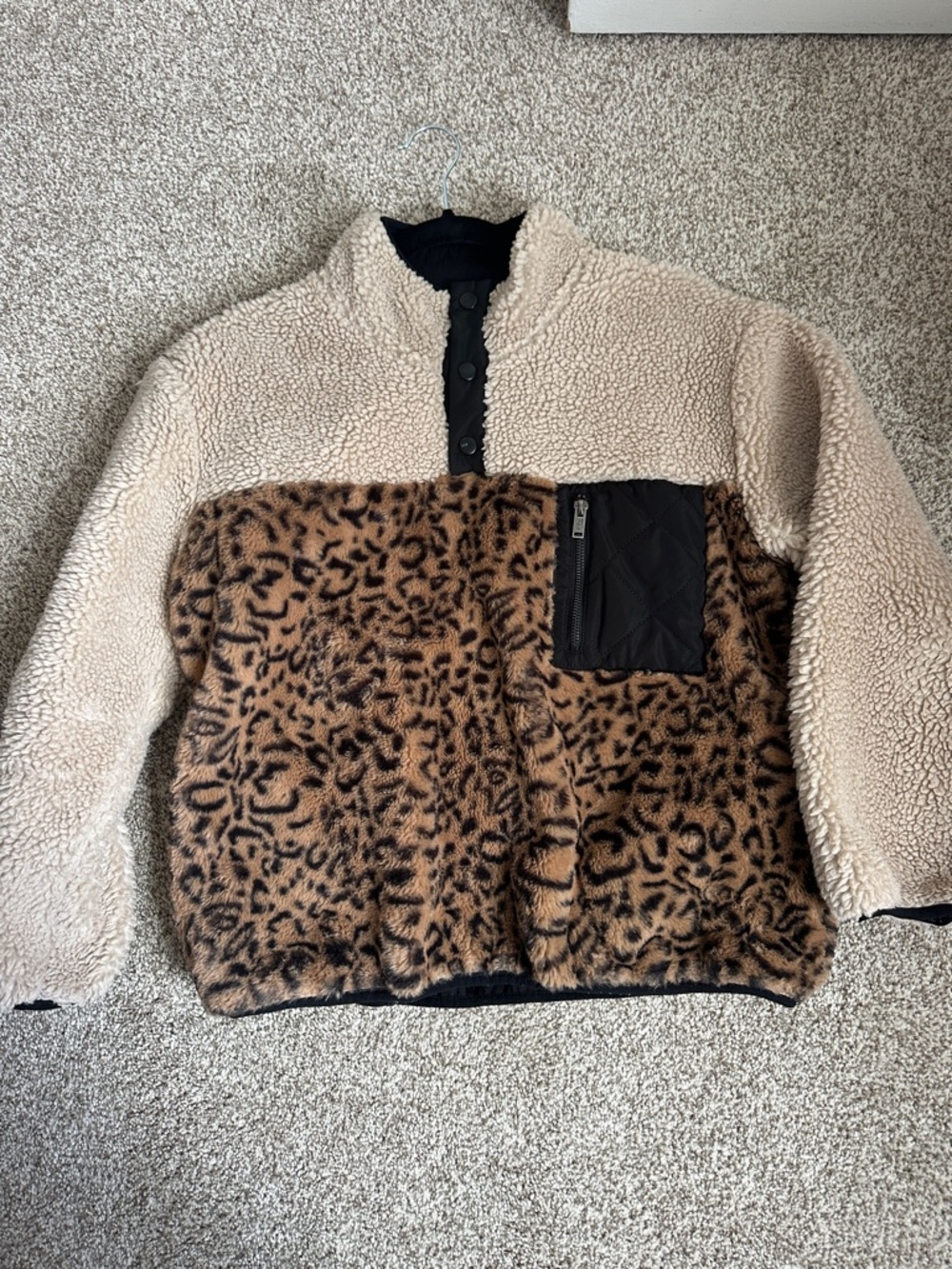 Rails Cozy Two-Tone Sherpa Pullover with Leopard Print